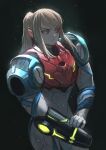  1girl absurdres arm_cannon armor bangs blonde_hair blue_eyes glowing grey_background gun highres long_hair metroid metroid_dread ponytail power_armor samus_aran science_fiction sidelocks simple_background solo upper_body vertigris weapon 