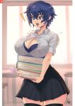  1girl blue_eyes blue_hair breasts bursting_breasts hair_between_eyes highres large_breasts open_mouth patreon_username persona persona_4 pleated_skirt popped_button school_uniform shirogane_naoto shirt short_hair skirt solo white_shirt 