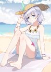  1girl adjusting_hair alternate_costume bangs bare_shoulders barefoot beach bikini blue_eyes blue_sky closed_mouth clouds cloudy_sky dress full_body hair_between_eyes hat highres honkai_(series) honkai_impact_3rd hymxiaocyan looking_at_viewer ocean sand see-through_dress sitting sky soles solo starfish straw_hat summer summer_uniform sundress swimsuit theresa_apocalypse theresa_apocalypse_(valkyrie_pledge) twintails white_bikini white_hair 