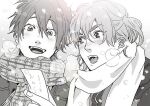  2boys :d bangs blush breath hair_between_eyes holding jacket male_focus medium_hair monochrome multiple_boys official_art ogeretsu_tanaka one_side_up open_mouth paper plaid portrait scarf short_hair smile snow talking teeth thick_eyebrows toono_takashi yaguchi_kyousuke yarichin_bitch-bu 