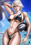  1girl abs arm_up bare_shoulders bikini black_bikini breasts christie_(doa) commentary dandon_fuga dead_or_alive highres large_breasts lips looking_at_viewer navel palm_tree short_hair smile solo swimsuit thighs tree violet_eyes volleyball volleyball_net white_hair 
