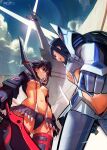  2girls a absurdres black_hair blue_eyes breasts garter_straps highres junketsu kill_la_kill kiryuuin_satsuki letro long_hair matoi_ryuuko multicolored_hair multiple_girls navel senketsu short_hair suspenders thigh-highs two-tone_hair under_boob 