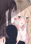  2girls bandaid bandaid_on_cheek black_shirt blonde_hair blush brown_eyes brown_hair closed_mouth face_licking from_side glasses grey_eyes hair_between_eyes hand_on_another&#039;s_face highres hug kawai_rou licking licking_tears long_hair multiple_girls original ring_necklace shirt tears tongue tongue_out yuri 