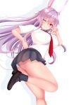  1girl ;) animal_ears ass blush breasts foot_out_of_frame from_below highres large_breasts long_hair necktie one_eye_closed purple_hair rabbit_ears red_eyes reisen_udongein_inaba simple_background smile solo standing standing_on_one_leg toranpuman touhou upskirt v_over_eye very_long_hair white_background 