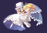 1boy 1girl blonde_hair bow bowtie carrying closed_eyes dress elbow_gloves facial_hair formal gloves hat hetero mario marriage mustache official_alternate_costume omochi_(glassheart_0u0) parted_lips princess_carry princess_peach smile suit super_mario_bros. super_mario_odyssey tiara top_hat tuxedo wedding_dress white_gloves
