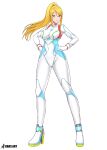  1girl absurdres bangs blonde_hair blue_eyes bodysuit breasts high_heels high_ponytail highres kaos_art large_breasts long_hair looking_at_viewer medium_breasts metroid metroid_dread mole mole_under_mouth ponytail samus_aran simple_background skin_tight smile solo white_background zero_suit 