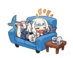  1girl :d ^_^ bangs blue_dress blue_hair blush brown_footwear chibi closed_eyes commentary_request couch cup dress eyebrows_visible_through_hair fish_tail gawr_gura hair_cubes hair_ornament hololive hololive_english itsuki_tasuku legs_up lying mug multicolored_hair notice_lines on_couch on_stomach open_mouth sandals shark_tail sharp_teeth shoe_soles side_ponytail simple_background smile solo streaked_hair stuffed_animal stuffed_shark stuffed_toy tail teeth virtual_youtuber white_background white_hair 