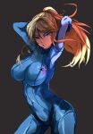  1girl alternate_breast_size arms_up blonde_hair blue_bodysuit bodysuit breasts covered_navel cowboy_shot eyebrows_visible_through_hair floating_hair green_eyes grey_background high_ponytail highres impossible_bodysuit impossible_clothes large_breasts lipstick long_hair long_sleeves looking_at_viewer makeup metroid mole mole_under_mouth parted_lips samus_aran sidelocks simple_background skin_tight solo yamabuki_ryuu zero_suit 