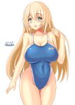  1girl atago_(kancolle) blonde_hair blue_eyes blue_swimsuit breasts competition_swimsuit cowboy_shot dated green_eyes highleg highleg_swimsuit highres kantai_collection large_breasts long_hair looking_at_viewer montemasa one-hour_drawing_challenge one-piece_swimsuit solo swimsuit twitter_username 