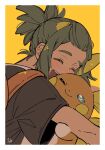  1boy ;) alolan_form alolan_raichu backpack bag blush border brown_shirt closed_eyes commentary_request dark-skinned_male dark_skin gen_7_pokemon green_hair hau_(pokemon) hug male_focus omyo_(myomyomyo22) one_eye_closed open_mouth orange_bag pokemon pokemon_(game) pokemon_sm shirt short_hair short_ponytail short_sleeves smile t-shirt tongue upper_teeth white_border yellow_background |d 