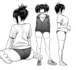  1girl ass back breasts buruma greyscale highres jacket looking_at_viewer monochrome original shoes sitting sneakers thigh-highs twintails wariza yanagida_fumita 