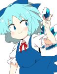  1girl bangs blue_bow blue_dress blue_eyes blue_hair bow cirno closed_mouth collared_shirt dress eyebrows_visible_through_hair hair_bow holding ice ice_wings ini_(inunabe00) looking_to_the_side neck_ribbon red_neckwear red_ribbon ribbon shirt short_hair simple_background smile solo touhou upper_body v-shaped_eyebrows white_background white_shirt wings 