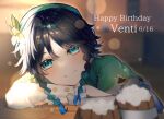  1boy androgynous bangs beer_mug beret black_hair blue_hair blurry blurry_background blush braid cape character_name closed_mouth commentary_request cup dated english_text flower foam frilled_sleeves frills genshin_impact gradient_hair green_eyes green_headwear happy_birthday hat hat_flower highres kyomkyom11750 leaf light_particles long_sleeves looking_at_viewer male_focus mug multicolored_hair shirt short_hair_with_long_locks smile solo symbol_commentary twin_braids venti_(genshin_impact) white_flower white_shirt 