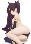  1girl absurdres armlet ass bangs bare_shoulders bikini black_hair black_legwear bracelet breasts detached_sleeves earrings fate/grand_order fate_(series) gold_trim hair_ribbon highres hoop_earrings ishtar_(fate) ishtar_(fate)_(all) jewelry long_hair looking_at_viewer medium_breasts mismatched_bikini neck_ring parted_bangs red_eyes ribbon single_detached_sleeve single_thighhigh solo swimsuit thigh-highs thighs two_side_up yihsien 