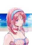  1girl absurdres arknights bangs bare_shoulders beach blue_eyes blue_hairband blue_poison_(arknights) blue_poison_(shoal_beat)_(arknights) blue_sky breasts camisole choker clouds commentary_request day hairband highres izumi_(izumi0922) long_hair looking_at_viewer medium_breasts ocean outdoors pink_choker pink_hair sky solo spaghetti_strap upper_body water 