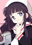  1girl bangs beret black_eyes black_hair black_shirt blunt_bangs blush camcorder cardcaptor_sakura daidouji_tomoyo finger_to_cheek hat holding_camcorder ixy long_hair long_sleeves looking_at_viewer neckerchief pink_background red_stripes sailor_collar school_uniform serafuku shirt smile tomoeda_elementary_school_uniform white_headwear white_neckwear 