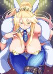 1girl animal_ears artoria_pendragon_(all) artoria_pendragon_(swimsuit_ruler)_(fate) bare_shoulders blonde_hair blue_legwear breasts crown fate/grand_order fate_(series) feather_boa fishnet_legwear fishnets green_eyes hair_between_eyes hand_on_hip hanging_breasts holster kikunosukemaru leaning_forward looking_at_viewer navel necktie pantyhose playboy_bunny poker_chip ponytail rabbit_ears smile solo sparkle thigh_holster 