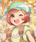 1girl ;d backpack bag bangs brown_bag brown_eyes chartreuse_green_t-shirt commentary_request eyebrows_visible_through_hair green_headwear green_shirt green_t-shirt hair_ornament hairclip hand_up hat highres one_eye_closed open_mouth pokemon pokemon_(anime) poketoon shirt short_hair short_sleeves smile sprite t-shirt taisa_(lovemokunae) tongue tsubomi_(pokemon) upper_body upper_teeth v