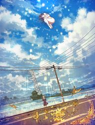  2girls black_dress black_hair blue_sky brown_hair bug butterfly clouds cloudy_sky dress floral_print highres insect knees_up long_hair medium_hair multiple_girls nude original outdoors power_lines print_dress road sky wide_shot yellow_butterfly yumeko_(yumeyana_g) 