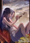 1girl black_hair black_shorts building camisole clouds cloudy_sky feet_out_of_frame hand_up knees_up leaf long_hair original profile reflection ribbon shorts sky solo white_camisole white_ribbon window yumeko_(yumeyana_g) 