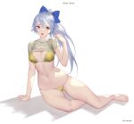  1girl arm_support artist_name bare_legs barefoot bikini blue_bow bow breasts character_name clothes_writing commentary fate/grand_order fate_(series) hair_bow high_ponytail highres ki_min-woo long_hair looking_at_viewer medium_breasts navel open_mouth ponytail red_eyes short_sleeves silver_hair simple_background sitting solo stomach swimsuit tomoe_gozen_(fate) white_background yellow_bikini yokozuwari 