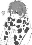  anger_vein animal_print annoyed cow_print hair_between_eyes holding holding_clothes holding_scarf looking_to_the_side male_focus monochrome nude official_art ogeretsu_tanaka scarf short_hair toono_takashi upper_body yarichin_bitch-bu 
