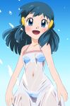  1girl blue_eyes blue_hair hikari_(pokemon) dress hainchu hair_ornament hairclip highres long_hair looking_at_viewer open_mouth pokemon pokemon_(game) pokemon_dppt smile swimsuit swimsuit_under_clothes wet wet_clothes 