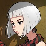  1girl akairiot bangs black_eyes blunt_bangs bob_cut earrings expressionless grey_hair inverted_bob jewelry orta panzer_dragoon panzer_dragoon_orta portrait scarf shadow short_hair solo 