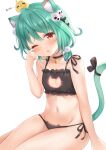  1girl =_= animal_ear_fluff animal_ears animal_on_head bangs bare_arms bare_shoulders bell bird bird_on_head black_bow black_bra black_choker black_panties blush bow bra breasts cat_cutout cat_ear_panties cat_ears cat_girl cat_lingerie cat_tail chick choker cleavage_cutout closed_eyes clothing_cutout commentary_request eyebrows_visible_through_hair green_hair groin hair_between_eyes hand_up hololive jingle_bell looking_at_viewer meme_attire navel neck_bell nikoo on_head one_eye_closed open_mouth panties parted_lips piyoko_(uruha_rushia) red_eyes rubbing_eyes side-tie_panties simple_background small_breasts solo tail tail_bow tail_ornament tail_raised underwear underwear_only uruha_rushia virtual_youtuber white_background zzz 