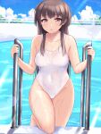  1girl black_hair blue_sky breasts brown_eyes clouds collarbone competition_swimsuit covered_navel cowboy_shot day highres idolmaster idolmaster_shiny_colors long_hair looking_at_viewer mayuzumi_fuyuko medium_breasts mobukichi one-piece_swimsuit outdoors pool pool_ladder sky solo swimsuit two_side_up water white_swimsuit 