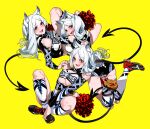  3girls alternate_costume animal_ear_fluff animal_ears arm_support arm_warmers ass blush boots breasts cerberus_(helltaker) cheerleader demon_tail gaak11977 helltaker knee_boots long_hair looking_at_viewer multiple_girls pom_pom_(cheerleading) red_eyes tail thighs under_boob v_arms white_hair yellow_background 