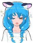  1girl :3 animal_ears blue_hair blush braid cat_ears copyright_request extra_ears highres looking_at_viewer low_braid one_eye_closed open_mouth orange_eyes shirt simple_background sleepy solo twin_braids upper_body white_background white_shirt yoban 