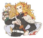  3boys agatsuma_zenitsu alternate_costume animal_ears bangs belt blonde_hair brown_hair buck_teeth cape checkered closed_mouth highres kamado_tanjirou katana kimetsu_no_yaiba korean_commentary leaf leaf_on_head long_hair long_sleeves male_focus mask mouse_ears mouse_tail multiple_boys open_mouth papajay_(jennygin2) raccoon_ears raccoon_tail redhead rengoku_kyoujurou scar scar_on_face simple_background sleeveless sparkle sword tail two-tone_background weapon white_belt white_cape yellow_eyes 