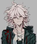 1boy bandaged_hand bangs closed_mouth collarbone commentary_request dangan_ronpa_(series) dangan_ronpa_2:_goodbye_despair earrings green_jacket grey_background hair_between_eyes han_raco hood hood_down hooded_jacket jacket jewelry komaeda_nagito long_sleeves looking_at_viewer male_focus messy_hair nail_polish open_clothes red_nails shirt simple_background smile solo upper_body v white_shirt 