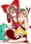  4girls absurdres animal_ear_fluff animal_ears blonde_hair blue_eyes blue_hair brown_hair cat_ears cat_tail chen chibi closed_eyes earrings green_eyes hakurei_reimu hat highres horns jewelry kirisame_marisa komano_aunn long_hair mob_cap multiple_girls multiple_tails nekomata simple_background single_earring single_horn tail touhou two_tails uchisaki_himari white_background witch_hat 