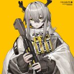  1girl antlers arknights black_sleeves chinese_commentary coat copyright_name firewatch_(arknights) firewatch_(snow_covered)_(arknights) five-fall grey_hair hair_between_eyes highres holding holding_weapon long_hair official_alternate_costume reindeer_antlers simple_background solo upper_body weapon white_coat yellow_background yellow_eyes 