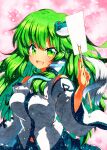  1girl bangs bare_shoulders blue_skirt breasts collar eyebrows_visible_through_hair frog_hair_ornament gohei green_eyes green_hair hair_ornament hair_tubes hand_up kochiya_sanae long_hair long_sleeves medium_breasts open_mouth pink_background qqqrinkappp shirt skirt smile snake_hair_ornament solo touhou traditional_media white_collar white_shirt white_sleeves 