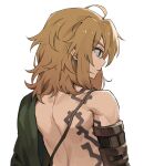  1boy absurdres ahoge back bangs blonde_hair blue_eyes bodypaint closed_mouth earrings from_behind highres jewelry korean_commentary link long_hair male_focus monza_(saeumon) pointy_ears simple_background solo the_legend_of_zelda the_legend_of_zelda:_breath_of_the_wild the_legend_of_zelda:_breath_of_the_wild_2 white_background 