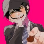  1boy bangs black_hair black_headwear black_jacket blush brown_eyes candy chocolate chocolate_heart collared_shirt commentary_request dangan_ronpa_(series) dangan_ronpa_v3:_killing_harmony fangs food hair_between_eyes hand_on_own_cheek hand_on_own_face hat heart highres jacket long_sleeves looking_at_viewer male_focus necktie niwatori_panda official_alternate_costume open_mouth pink_background saihara_shuuichi shirt simple_background smile solo striped striped_neckwear sweat teeth upper_body white_shirt 