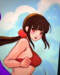 1girl bangs bikini blunt_bangs blush breasts brown_hair clenched_hand commentary covered_nipples dangan_ronpa_(series) dangan_ronpa_s:_ultimate_summer_camp dangan_ronpa_v3:_killing_harmony day from_side harukawa_maki highres long_hair looking_at_viewer medium_breasts missarilicious official_alternate_costume open_mouth ponytail red_bikini red_eyes red_scrunchie scrunchie sketch solo swimsuit upper_body upper_teeth 