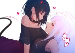  2girls artist_logo artist_name bangs bare_shoulders black_hair blue_eyes blush breasts demon_tail halo heart horns long_hair looking_at_another medium_hair multiple_girls open_mouth original red_eyes shimmer simple_background tail white_background yuri 