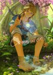  1boy absurdres bangs barefoot belt blonde_hair blue_eyes bow_(weapon) brown_belt brown_pants earrings fairy flower grass hand_up highres jewelry link male_focus medium_hair nature nuavic pants parted_bangs petals pink_flower pointy_ears purple_flower red_flower sitting sword teeth the_legend_of_zelda the_legend_of_zelda:_breath_of_the_wild tree tunic water weapon 