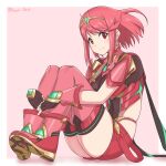  1girl absurdres bangs black_gloves breasts chest_jewel earrings fingerless_gloves gem gloves headpiece highres jewelry large_breasts pyra_(xenoblade) red_eyes red_legwear red_shorts redhead ryochan96154 short_hair short_shorts shorts swept_bangs thigh-highs tiara xenoblade_chronicles_(series) xenoblade_chronicles_2 