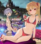  3girls alternate_costume bat_wings bikini blonde_hair blue_bikini blue_hair breasts crystal drink flandre_scarlet goggles highres izayoi_sakuya multiple_girls night outdoors palm_tree pool puuakachan red_bikini remilia_scarlet sandals scarlet_devil_mansion silver_hair small_breasts swimsuit touhou tree visor wings 