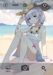  1girl adjusting_hair alternate_costume bangs bare_shoulders barefoot beach bikini blue_eyes blue_sky camera camera_phone closed_mouth clouds cloudy_sky dress full_body hair_between_eyes hat highres honkai_(series) honkai_impact_3rd hymxiaocyan looking_at_viewer ocean photo_shoot sand see-through_dress shadow sitting sky soles solo starfish straw_hat summer summer_uniform sundress swimsuit theresa_apocalypse theresa_apocalypse_(valkyrie_pledge) twintails white_bikini white_hair 