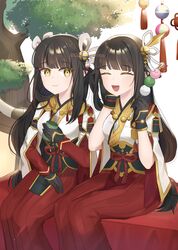  2girls black_hair blush breasts coletta_(colet_colettia) hinoa japanese_clothes kimono long_hair minoto monster_hunter monster_hunter_(series) monster_hunter_rise pointy_ears siblings twins 