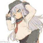  1girl adjusting_clothes adjusting_headwear alchera anchor_symbol black_sailor_collar black_skirt blue_eyes cowboy_shot flat_cap hat hibiki_(kancolle) kantai_collection long_hair looking_at_viewer neckerchief one-hour_drawing_challenge pleated_skirt red_neckwear sailor_collar school_uniform serafuku silver_hair simple_background skirt solo twitter_username white_background white_hair 