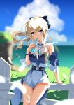  1girl bare_shoulders belt blonde_hair blouse blue_eyes blue_sky bow clouds cloudy_sky cup detached_sleeves drink drinking_straw ett fence genshin_impact grass hair_bow highres jean_gunnhildr looking_at_viewer paw_print ponytail shorts sky 