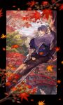  1boy arm_up autumn_leaves black_border black_hair black_pants border branch bridge building clouds cloudy_sky from_behind highres leaf light_rays long_sleeves maple_leaf outdoors outside_border pants profile rurouni_kenshin sandals short_hair sky solo soujirou_seta tree wide_shot wide_sleeves yumeko_(yumeyana_g) 