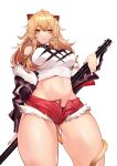  1girl absurdres animal_ears arknights bangs black_choker black_jacket black_panties blonde_hair brown_hair chinese_commentary choker commentary_request cowboy_shot food from_below fur-trimmed_jacket fur_trim highres holding holding_weapon jacket lion lion_ears lion_tail long_hair looking_at_viewer midriff navel off_shoulder open_clothes open_jacket panties parted_lips red_shorts short_shorts shorts siege_(arknights) solo standing studded_choker tail tank_top tsumiki_(12756023) unbuttoned_shorts underwear weapon white_tank_top 